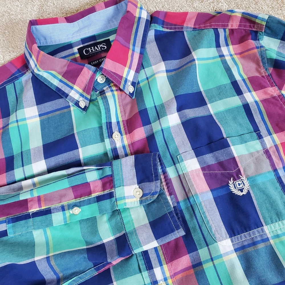 CHAPS Men's Button Down Shirt Size 2XL XXL Blue and Green Plaid‎ Long Sleeve